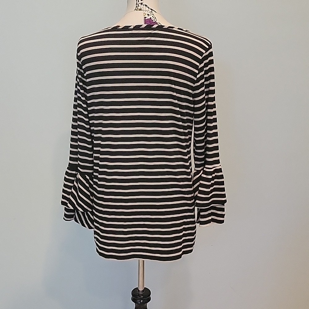 FAITH And Joy Black Tan Striped Top With Scoop Neck And Double Bell Sleeves XL - Picture 3 of 7